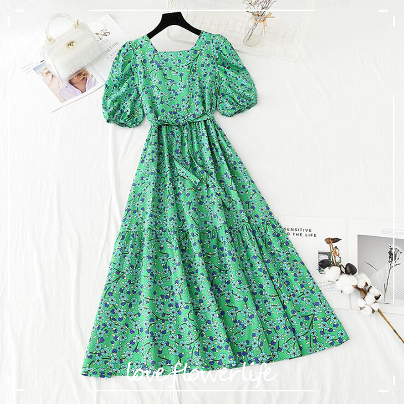 

Cotton Linen Printing Summer Dress Vintage Casual Square Collar Short Sleeve Floral Midi Dresses Women Elegant Vestidos 210521, Green