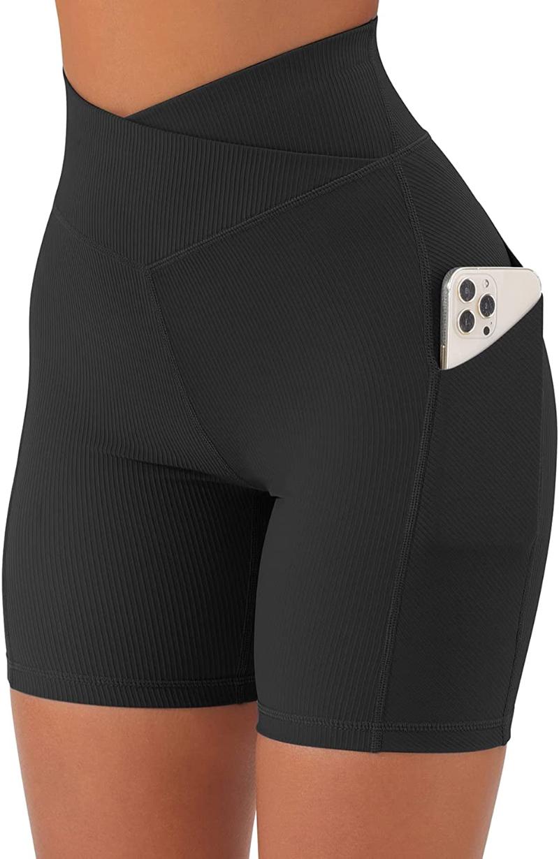 

Yoga Outfit Women Cross Waist Ribbed Biker Shorts With Pockets High Waisted Workout