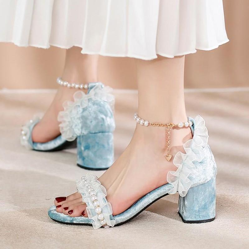 

Sandals Lolita Shoes 2021 Summer High Heels Harajuku Kawaii Shoe Fashion Sweet Cute Lace Stitching Cosplay Girl Women, Sky blue