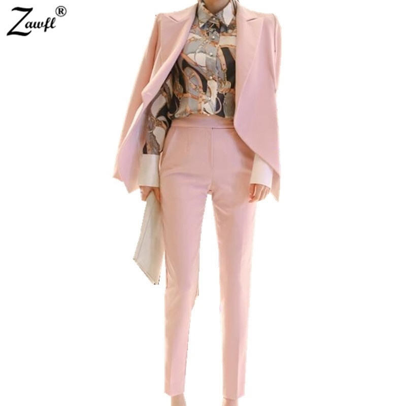

ZAWFL Autumn Fashion Women's OL Work Trousers Suit Set Ruffles Blazer+Pants 2Pieces Clothing Pink Outfits 210525, Picture color