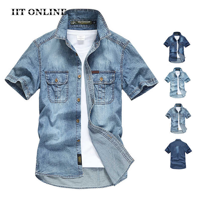 

Men' Denim Shirts Summer Blue Pocket Short Sleeve Casual Shirts 100% Cotton Slim High Quality Tops Breathable Camisa Masculina 210603, Jw618lightblue