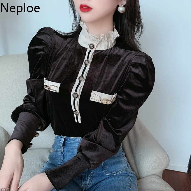 Neploe Vintage Fashion Chic Shirt Temperament Stand Neck Sweet Puff Sleeve Elegant Blouses Women Blusas Mujer De Moda 94616 210422