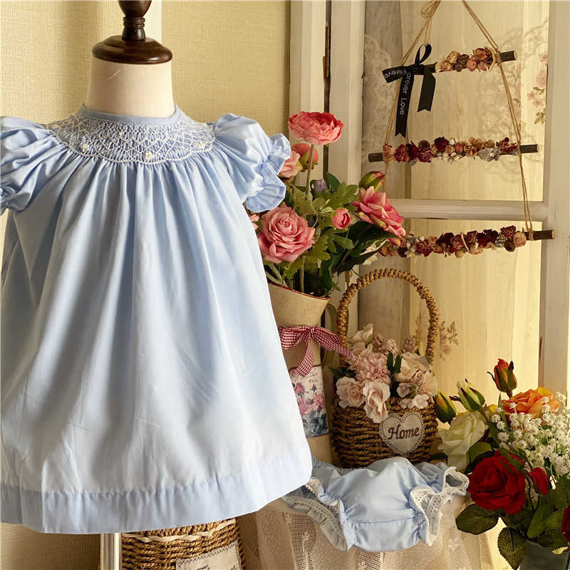 

Baby Girls Smocked Dress Toddler Handmade Smock Clothes for Children Boutique Vestidos Infant Girl Embroidery Dresses and Pants 210615, Blue