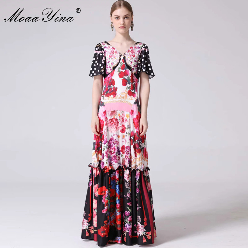 

Fashion Designer Runway dress Spring Summer Women Dress V-neck Flare Sleeve Floral-Print Vintage Maxi Dresses 210524, Multi