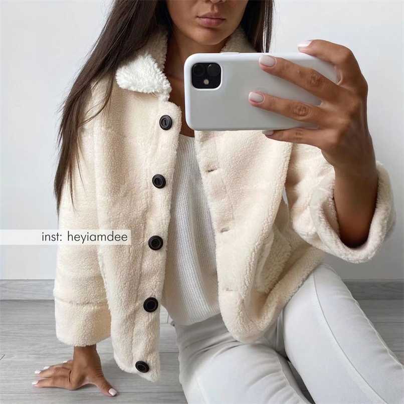 

Faux Lamb Wool Coat Women Autumn and Winter Jackets and Coats Thick Fur Plush Winter Clothes Loose Short Trend 211109, Khaki