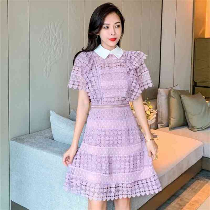 

Self Portrait Ruffles Summer Lace Dress Women Patchwork Crochet Short Sleeve Hollow Out Pink Mini 210603, Lavender