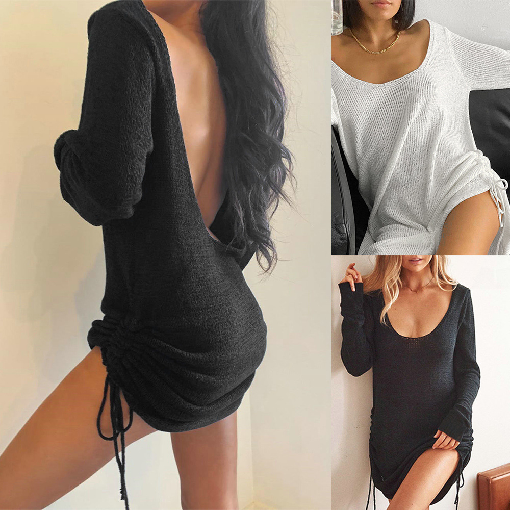 

2021backless sweater dress women autumn o-neck long sleeve solid color loose shrinkage dstring lace up mini dresses vestidos, Black;gray