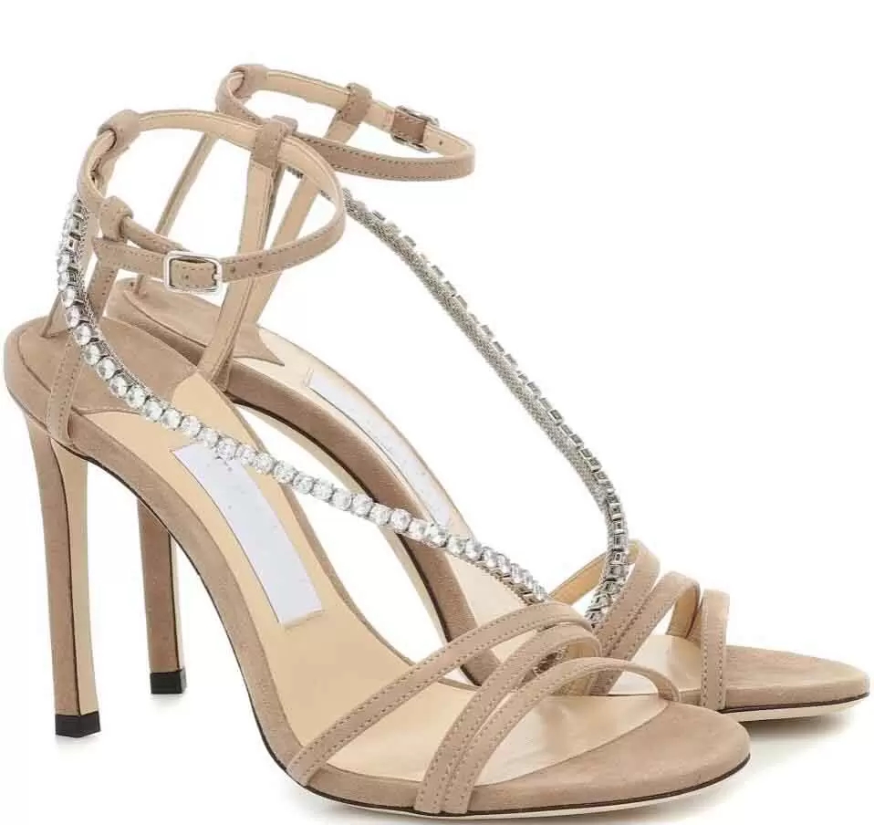 

Luxury Design Thaia 100 Embellished Sandal Ankle Crystal Chian Strap High Heels Summer Dress Party Wedding Sandalias EU35-43