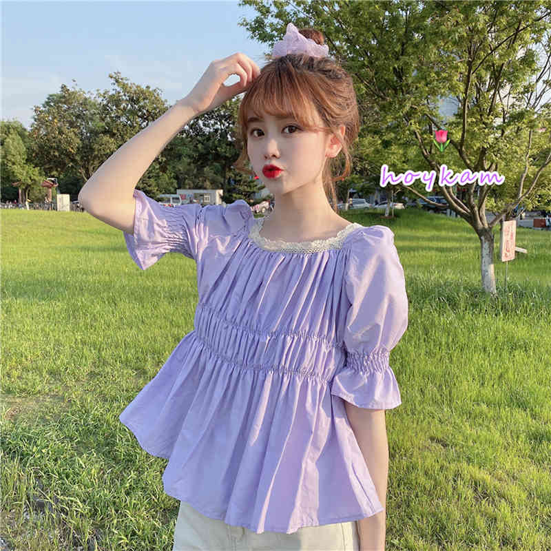 

Summer Elegant Feminina Puff Sleeve Tops Women Korean Purple Plested Design Square Collar Simple Basic Ladies Blusas 210517, White