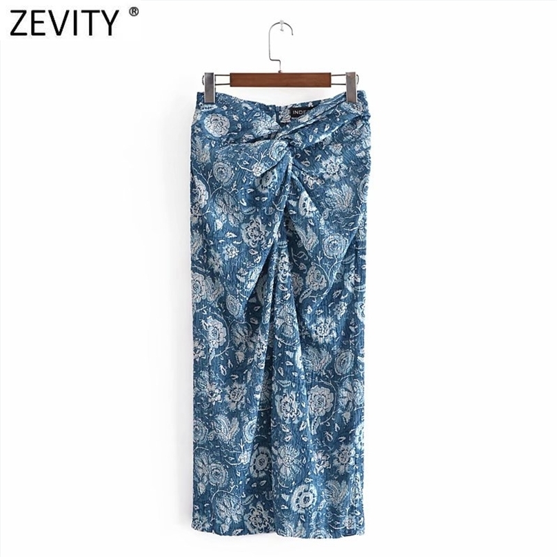 

Zevity Women Vintage Totem Floral Print Knotted Design Split A Line Skirt Faldas Mujer Female Back Zipper Summer Vestidos QUN764 210629, As pic qun764hh