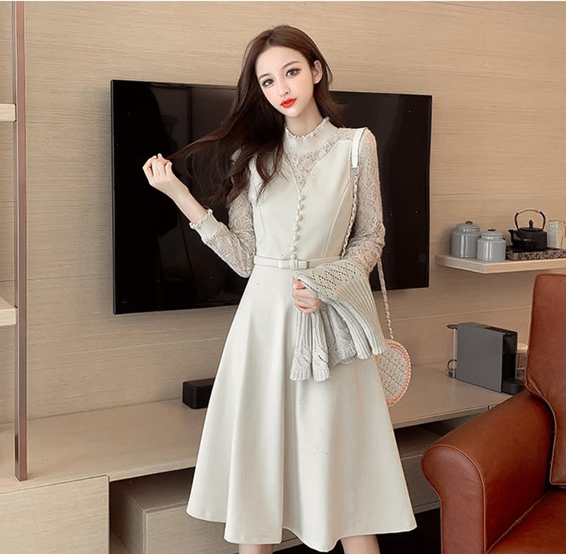 

autumn winter 2 piece women dress set turtleneck knitted shawl cloak woolen patchwork lace button suit, White