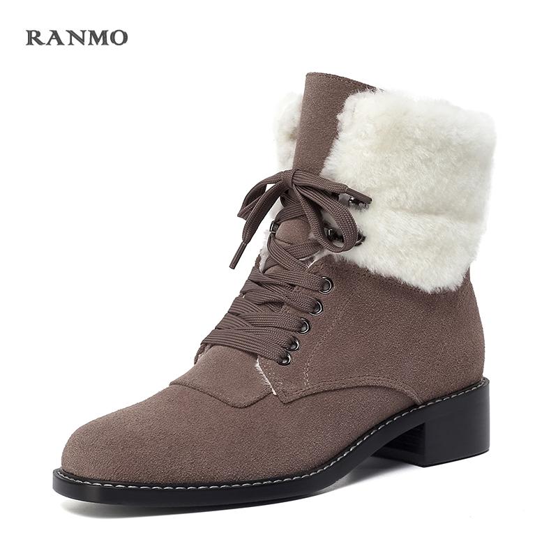 

Boots Size 34-41 Women Snow Real Leather Warm Fur High Heel 2021 Winter Lace-Up Shoes Woman Plush Fashion Platform Short, Black