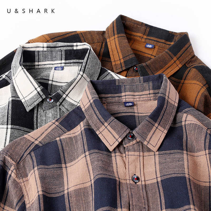 

U&SHARK Men Vintage Plaid Shirt Long Sleeve Flannel Black Checkered Casual Shirts Chemise Homme Male High Quality Cotton Brown 210603