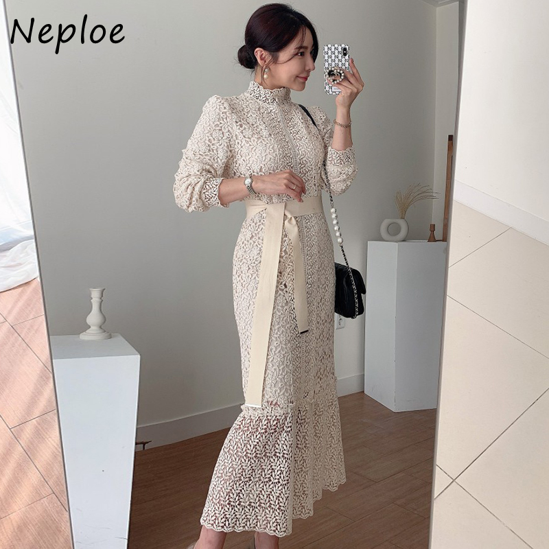 

neploe korean court style lace hook flower dress women elegant high waist hip mermaid slim vestido stand collar long sleeve robe, Black;gray