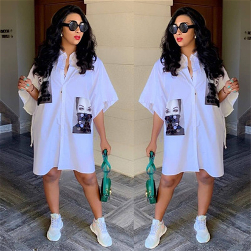 

Womens Textured Printing Shirt Dresses Fashion Trend Short Sleeve Single Breasted Shirts Skirts Designer Female Cardigan Casual Tshirts, White