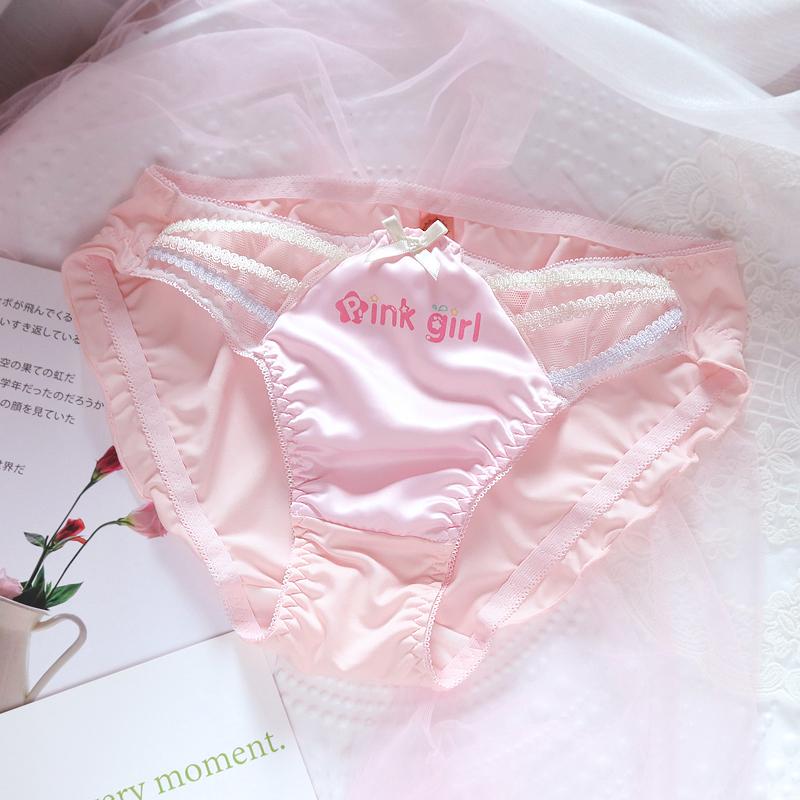 

Women's Panties Japanese Girl Pink Satin Color Ribbon Letter Bow Lace Underwear Soft Cute Milk Silk Lolita Student Low-rise, Black;pink