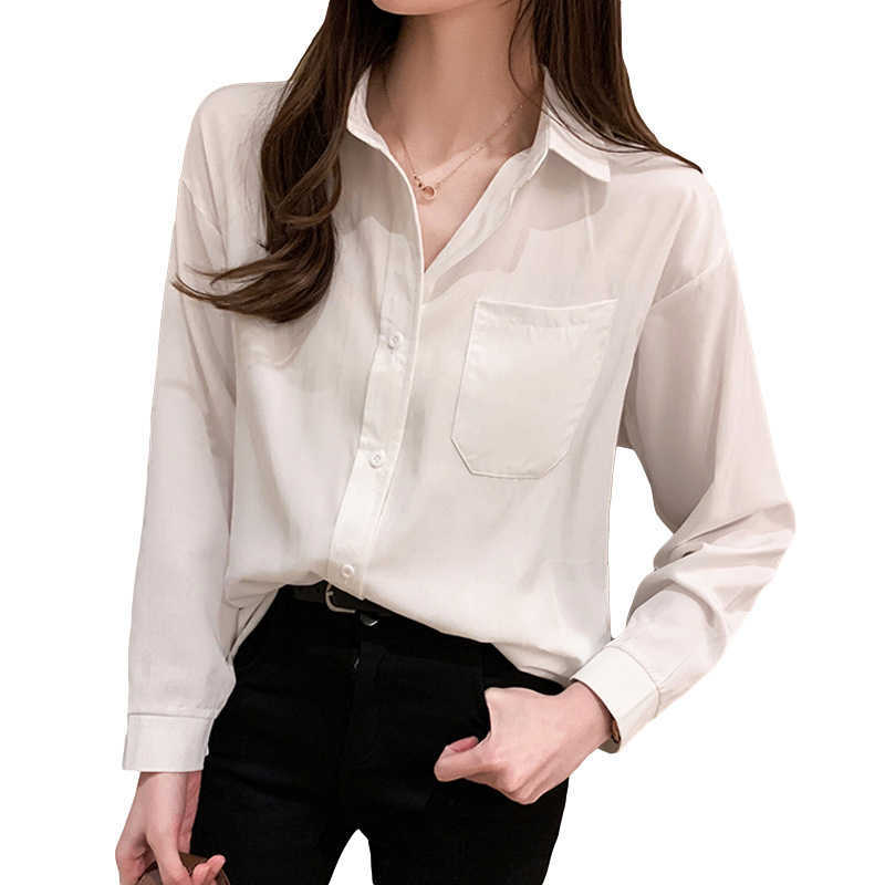 

Korean Women Shirts Blouse Woman Chiffon Blouses Office Lady White Pocket Tops Plus Size Long Sleeve Basic Top 210604
