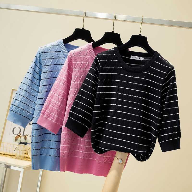 

Plus Big Size Summer 3/4 Sleeve Striped Pullover Women Sweater Knitted Sweaters Tops Korean Pull Femme Jumper Female 210604, Black