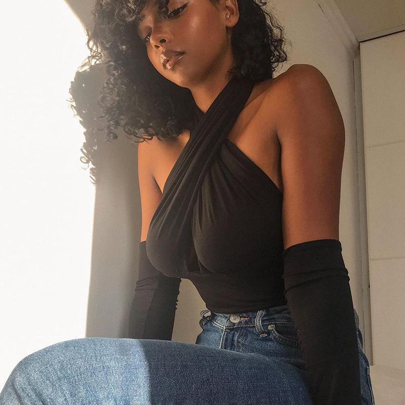 

Women' T-Shirt Sexy Cross Halter Backless Crop Tops Women Street Fashion Black Blue Woman Tshirts With Gloves Spring 2021 C66-BG19