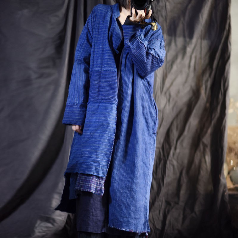 

Johnature Autumn Winter Retro Patchwork Striped Irregular Windbreaker Cotton Linen Comfortable All-match Women Coats 210521, Blue