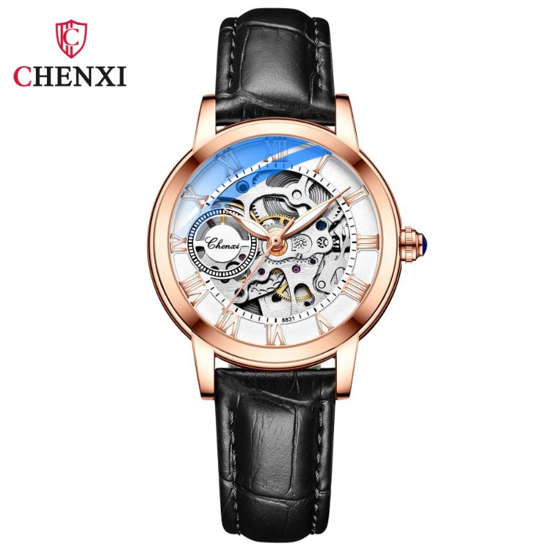 

Wristwatches CHENXI Women Automatic Mechanical Watch Top Stainless Steel Waterproof Wrist Ladies Skeleton Tourbillon Clock, Brown