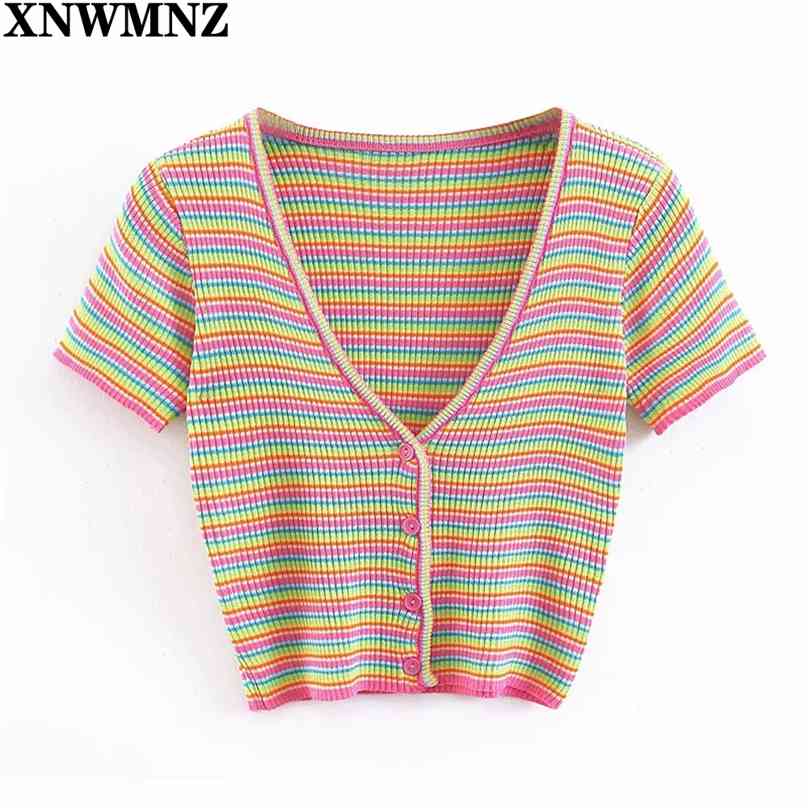 

Women Striped Short Sleeve T-shirt Women' Casual V Neck Single Breasted Knitted T-Shirt Female Sexy Slim Crop Tops 210520, Multi