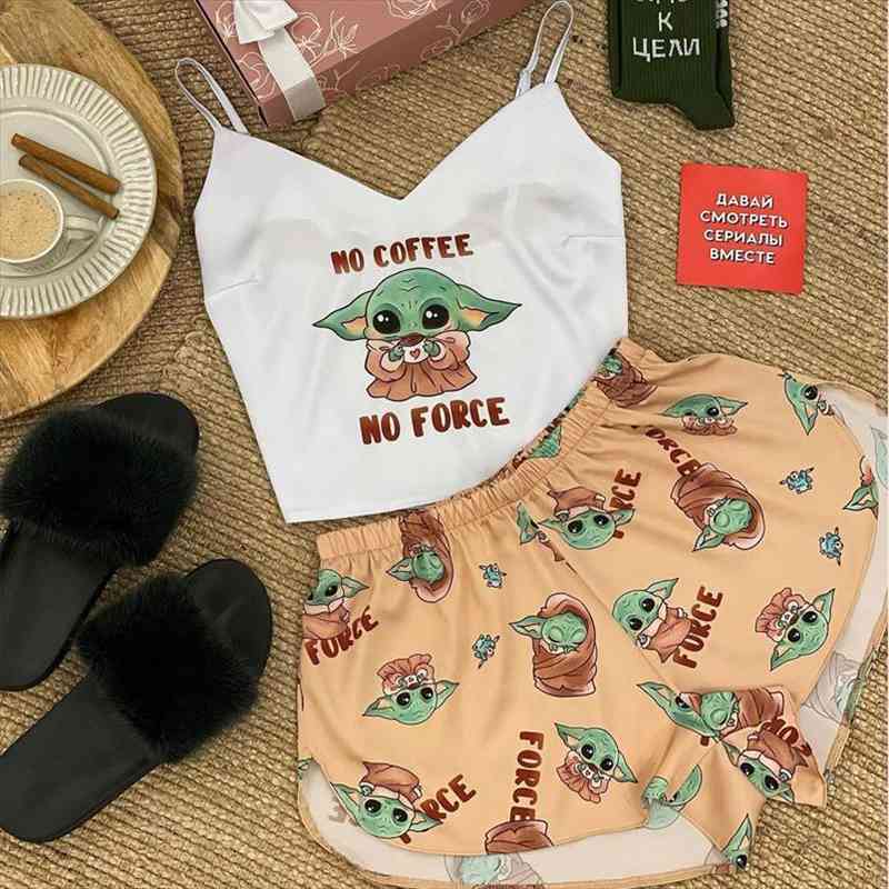 

Animal Cartoon Fox Dog Print Sleepwear Satin Summer V Neck Sleeveless Sexy Pyjamas Womens Silk Pajamas Sets Home Suit, Black;red