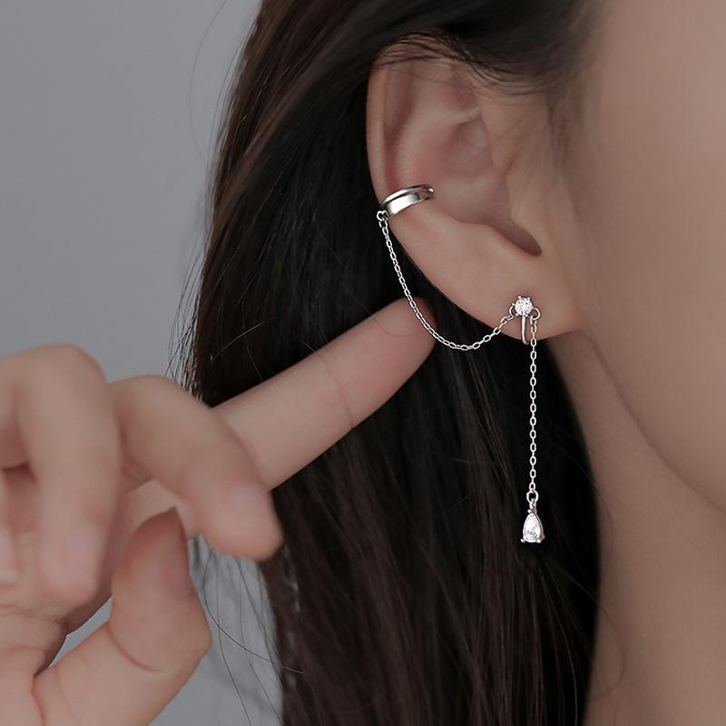 

Stud 1 Pc Punk Chain Crystal Earrings Simple Long Ear Cuffs Tassel Zircon Drop Piercing Cuff Jewelry Earring For Women Girl Gift, Golden;silver
