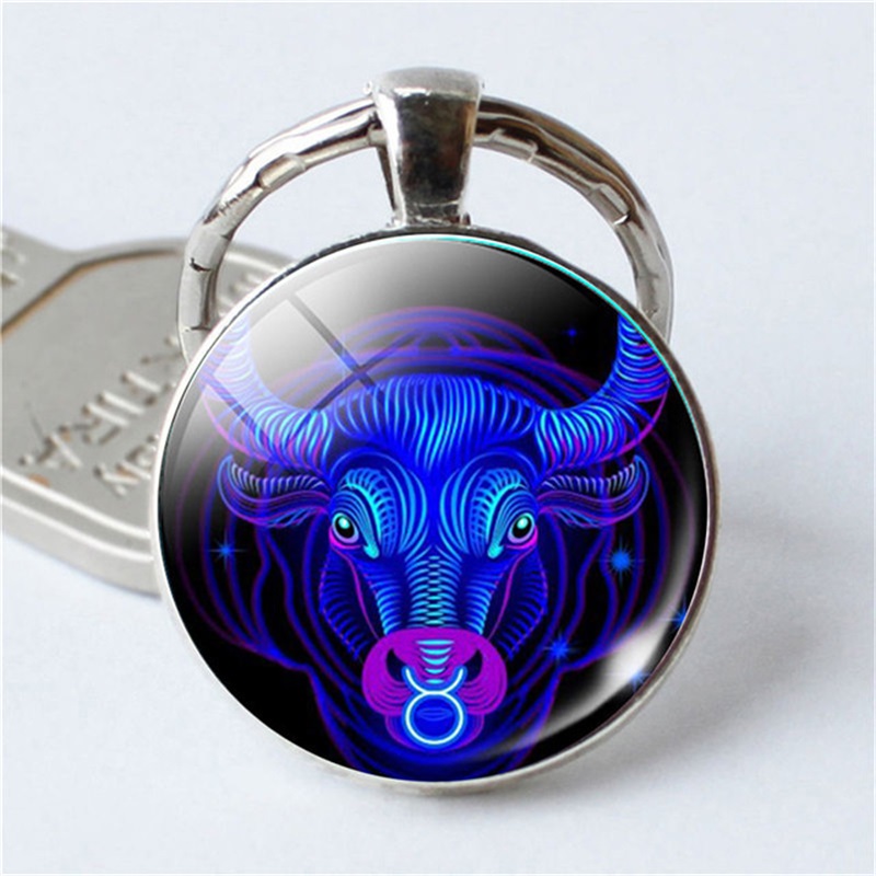 

12 Constellation Keychain Zodiac Sign Key Chain Round Glass Pendant Keyring Keyfob for Handbag Purse Bags Car Key Charm Xmas Gift 1098 Q2, Slivery;golden