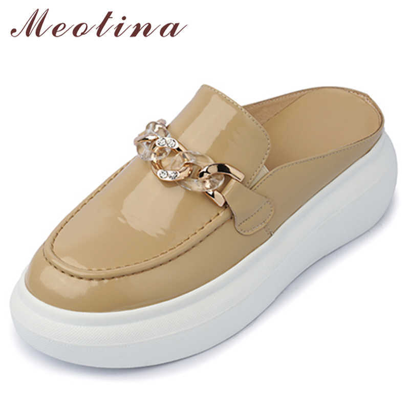 

Meotina Women Mules Shoes Chain Wedges Sandals Platform High Heel Slides Square Toe Cow Leather Ladies Footwear Summer Black 40 210608, Apricot