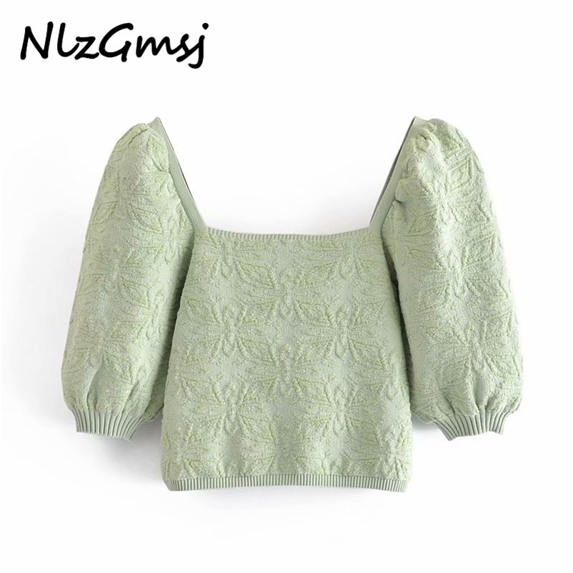 

Sweater Women Green Crop Top Jacquard Knitted Cropped Woman Square Neck Summer 03 210628, As picture