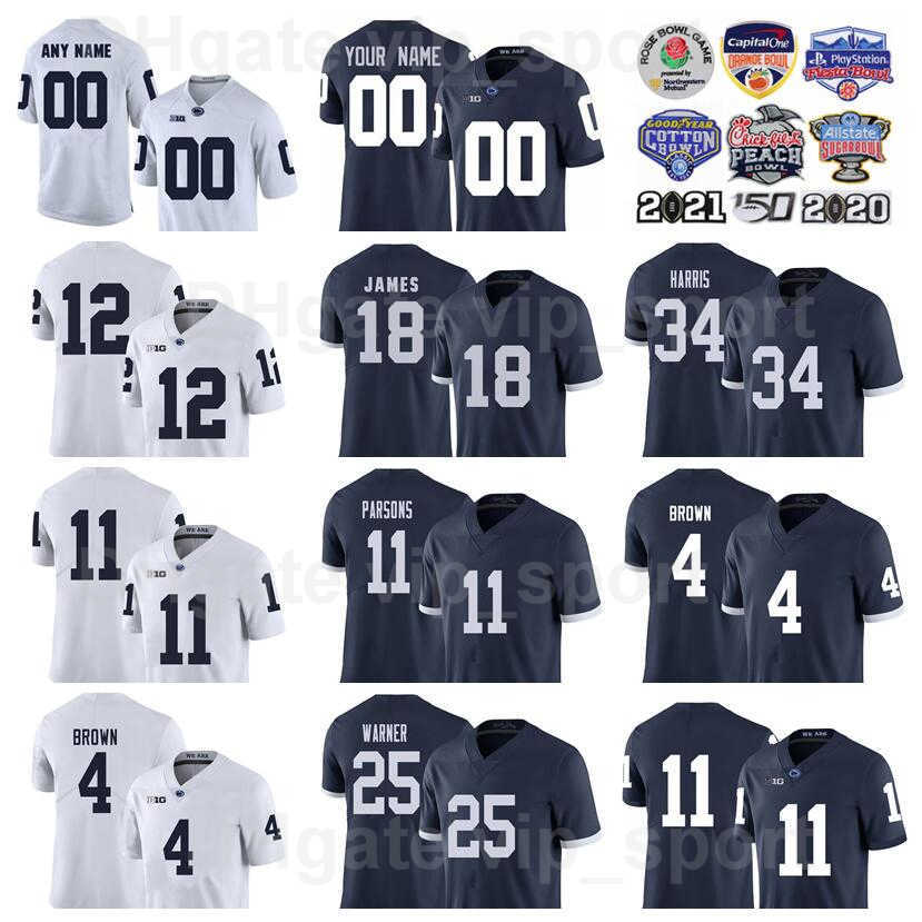 

NCAA College Penn State Nittany 11 Micah Parsons Jersey Football PSU 18 Jesse James 25 Curt Warner 34 Franco Harris 4 Journey Brown 12 Kerry Collins Navy Blue White, White with name