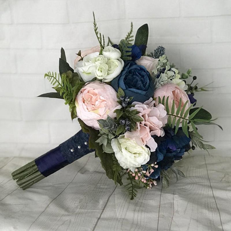 

Navy Blue Bridal Bouquet Blush Rose Peony Bridesmaid Wedding Flowers Mariage Accessory Party Decoration de novia