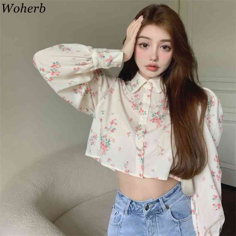 

Floral Shirt Women's Elegant Turn Down Collar Puff Long Sleeve Blusas Spring Single Breasted Ladies Crop Tops Sweet 210519, White