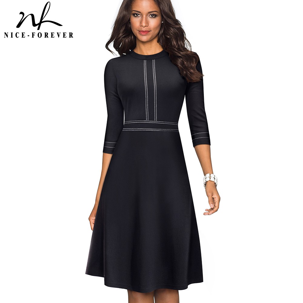 

Nice-forever Vintage Elegant Patchwork Round neck Pinup Female vestidos Business Party Flare A-Line Retro Women Dress A135, Black and grid