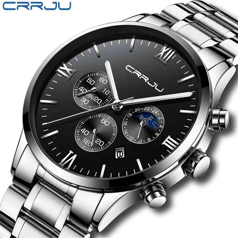 

Relogio Masculino CRRJU Men Luxury Full Steel Watches Fashion Sport Quartz Military Dress Watch Male Luminous Waterproof Clock 210517, Leather black silver