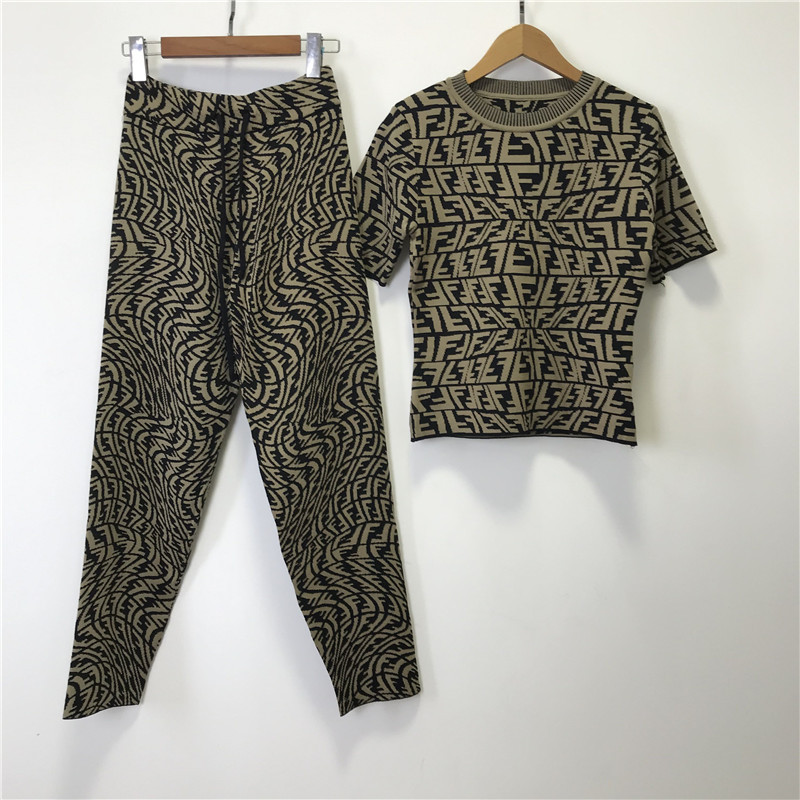 

21 summer new fashion irregular F letter Pullover short sleeve trousers slim fit ice silk sweater two piece suit female, Yellow