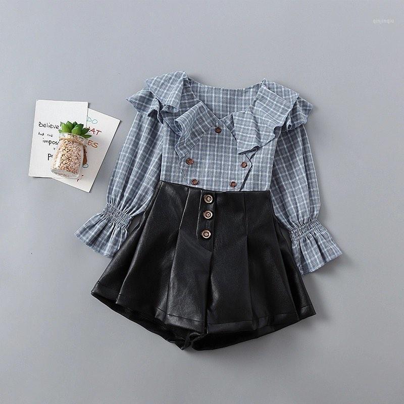 

Clothing Sets 2pcs Kid Girls Outfit Set Plaid Long Sleeve Ruffled Shirt PU Leather Pleated Skirt Outfits 1-6Years, White