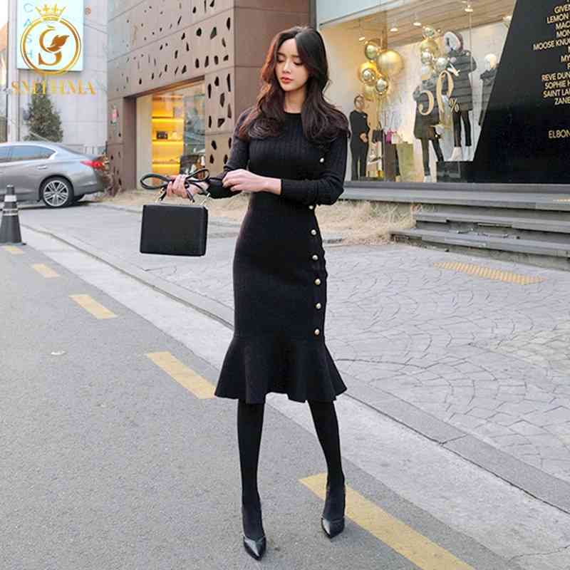 

Winter Black Knitted Dress for Women Bodycon Long Sleeve Elegant Button Warm Trumpet Mermaid Sweater Female 210520, Photo color