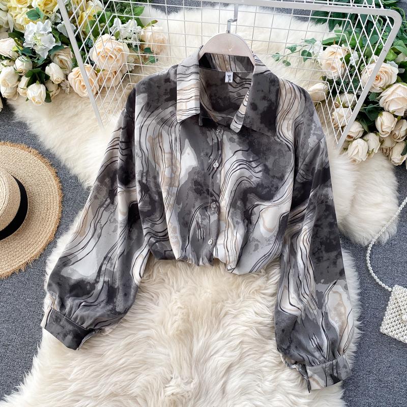 

Women's Blouses & Shirts 2021 French Lapel Tie-dye Printing Boyfriend Style Loose Casual Drape Long-sleeved Shirt Top Trend 0423, Brown
