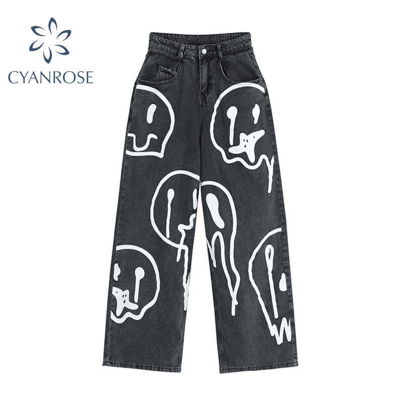 

Spring Fashion Ins Street Hip-hop Printing Wash Jeans Loose Casual Denim Wide Leg Pants Woman Long Trousers 210616, Black
