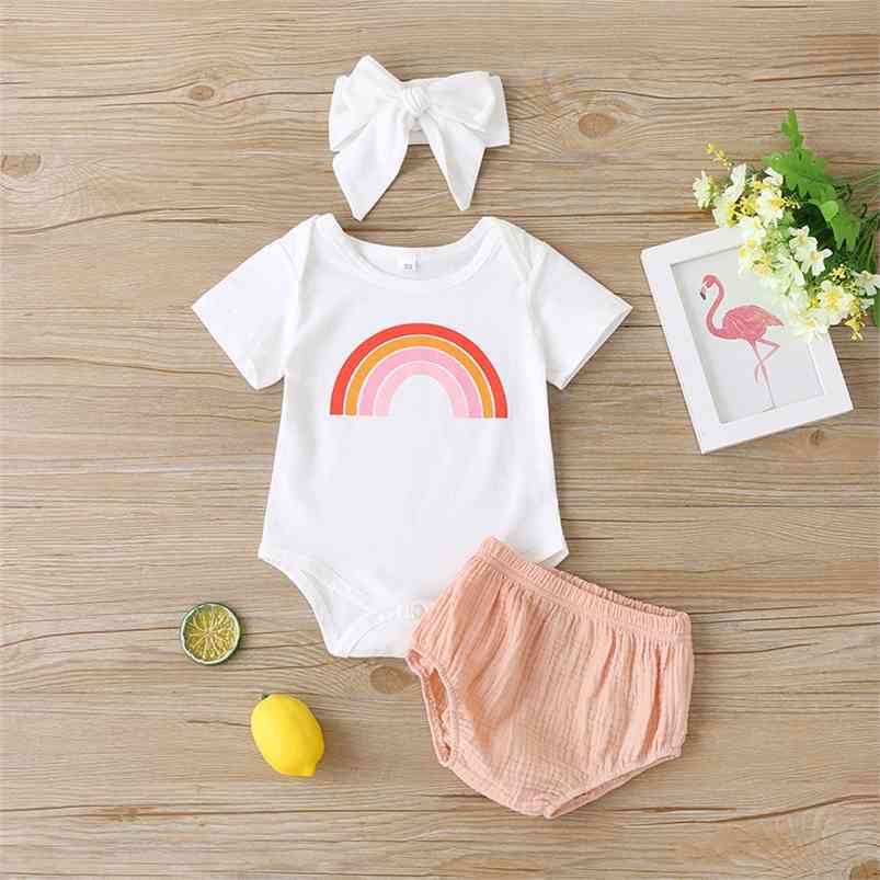 

Summer Children Sets Casual Girls Short Sleeve O Neck Print Rainbow Romper Apricot Pants Cute Clothes 6M-24M 210629, White