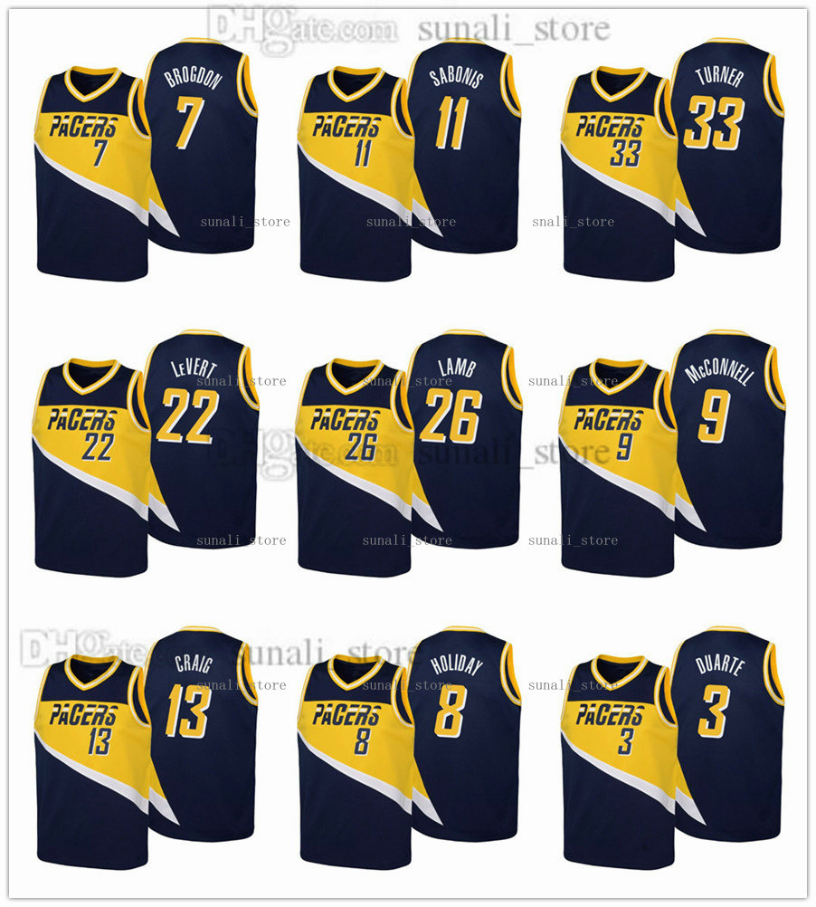 

75th Anniversary 2021-22 City Navy Basketball Jersey Malcolm Brogdon 7 Domantas Sabonis 11 Myles Turner 33 Caris LeVert 22 Chris Duarte 3 McConnell 9 Lamb 26 Edition