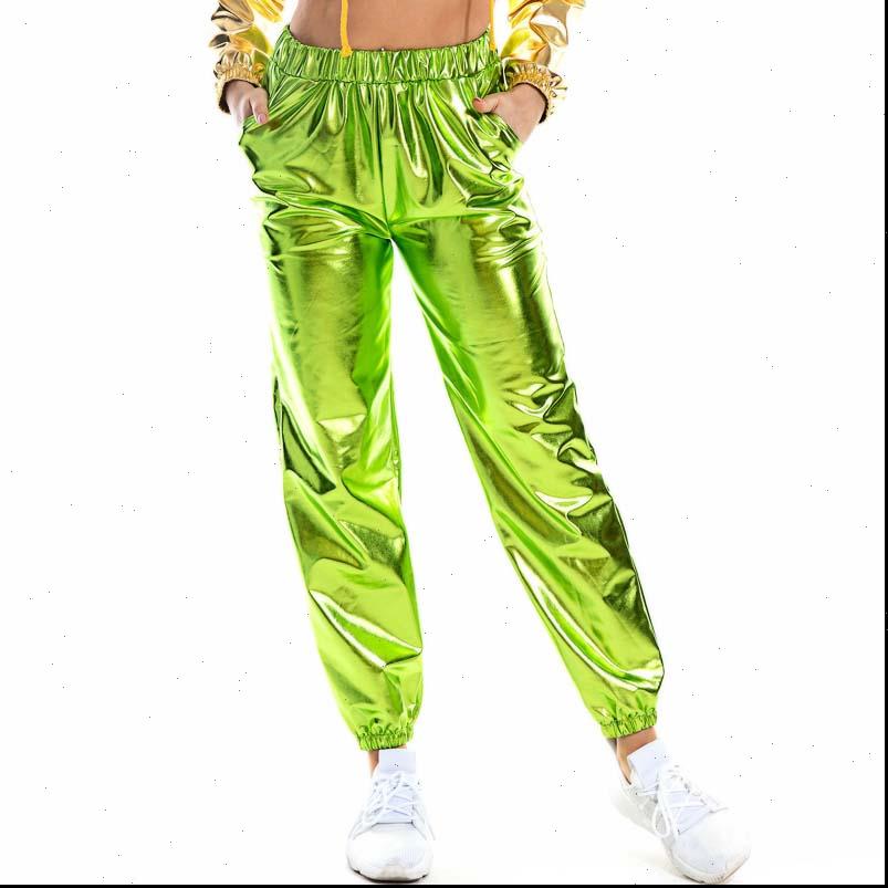 

women shiny holographic pant pants loose high waist metallic trousers dance performance hip hop streetwear joggers, Black;white