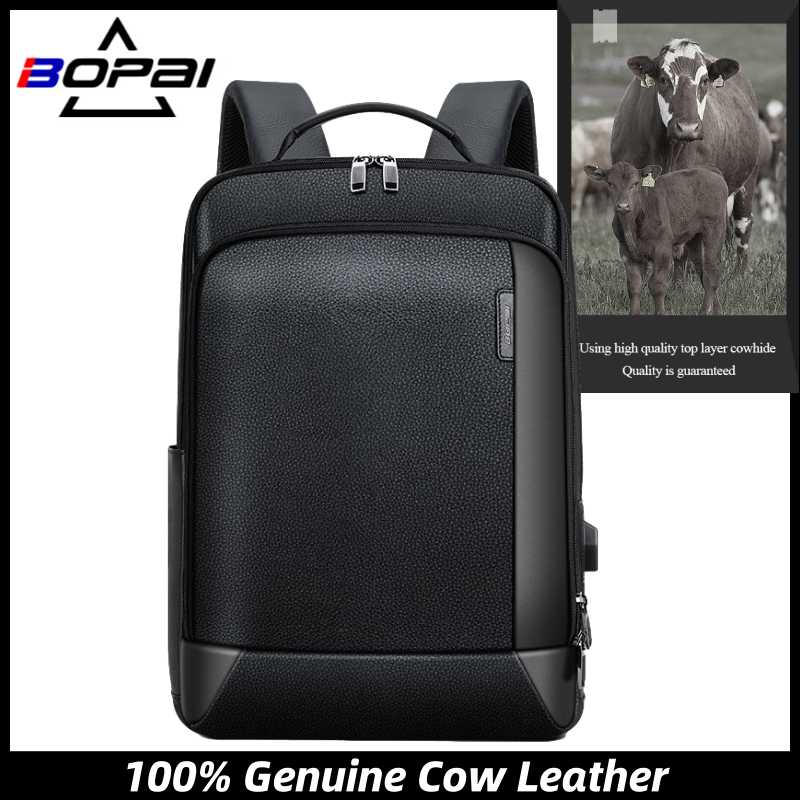 

Men Genuine Leather Backpack Waterproof USB Bagpack Black Laptop 15.6 Inch Travel Anti-Theft Business