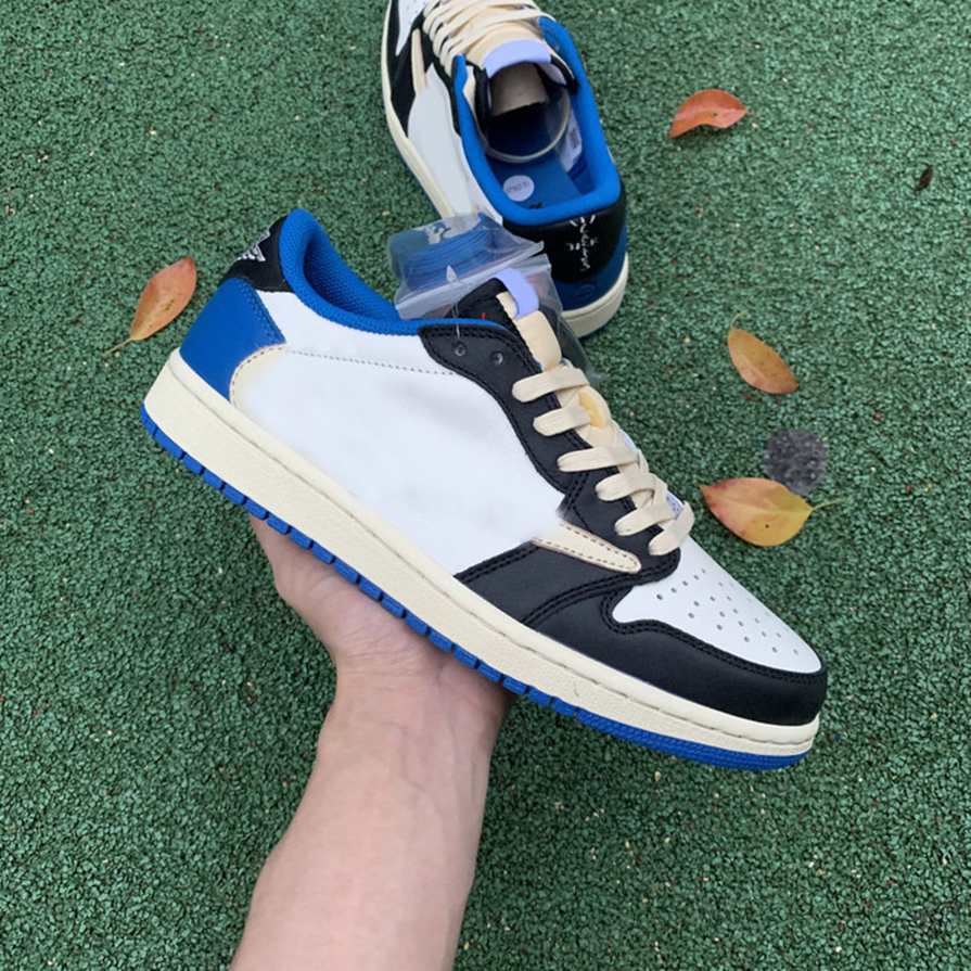 

Top quality Fragment Authentic Travis Scotts 1 Low OG Basketball shoes Jumpman 1s Royal Blue SB Cactus Jack Dunk Sail Sneakers With Box