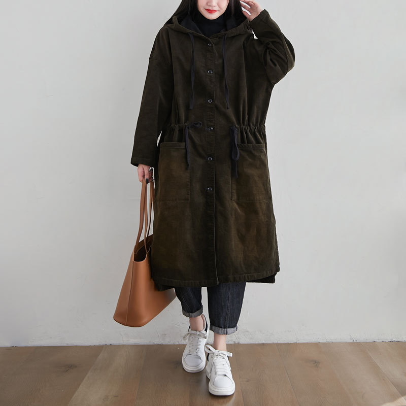 

Johnature Women Corduroy Hooded Parkas Button Vintage Warm Coats Winter Pockets Solid Color Thick Long Coats Parkas 210521, Coffee