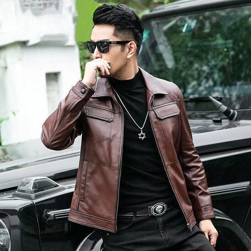 

Men's Leather & Faux Spring 2022 Autumn Fashion Rider Style Jacket Men Casual Slim Genuine Sheepskin Coat Classic Biker Clothes B287, Black