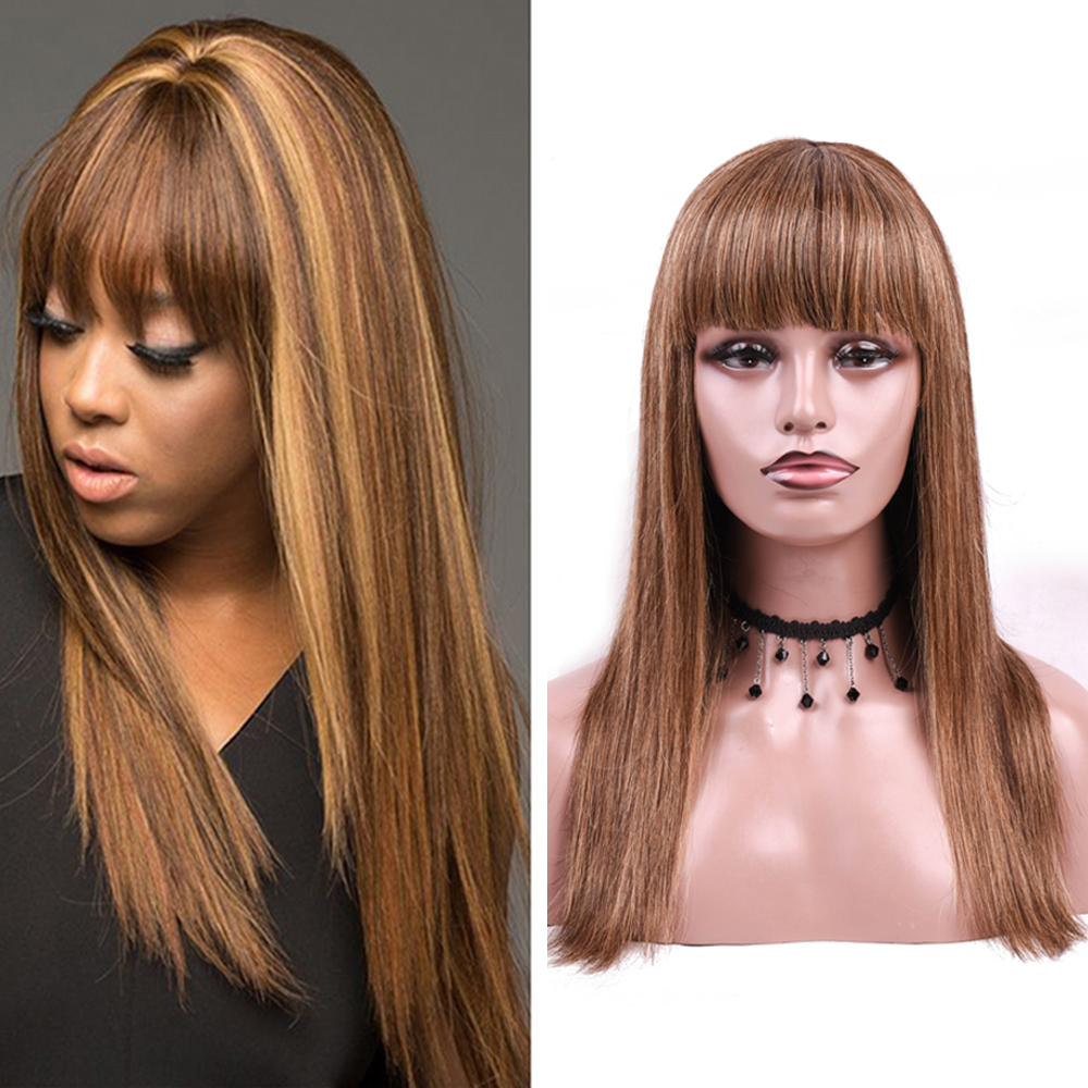 

26inch Highlight Human Hair Wigs with Bangs Straight Colored Brown Blonde Brazilian Hair Wigs for Women Full Machine Wig, As the picture shows