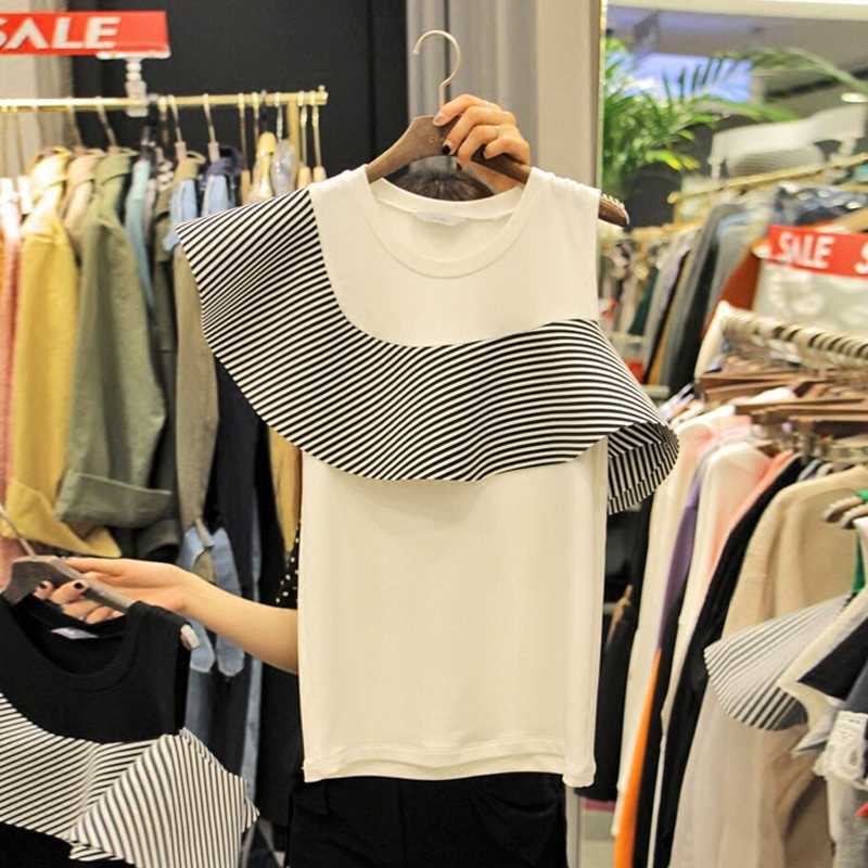 

Spring Summer Ruffled Diagonal Shoulder Strapless Irregular O Neck T-shirt Women's All Match Top 210615, White